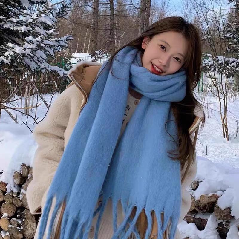 Korean version of mohair plaid scarf women's winter sea salt milk coffee blue thickened atmosphere warm student shawl scarf