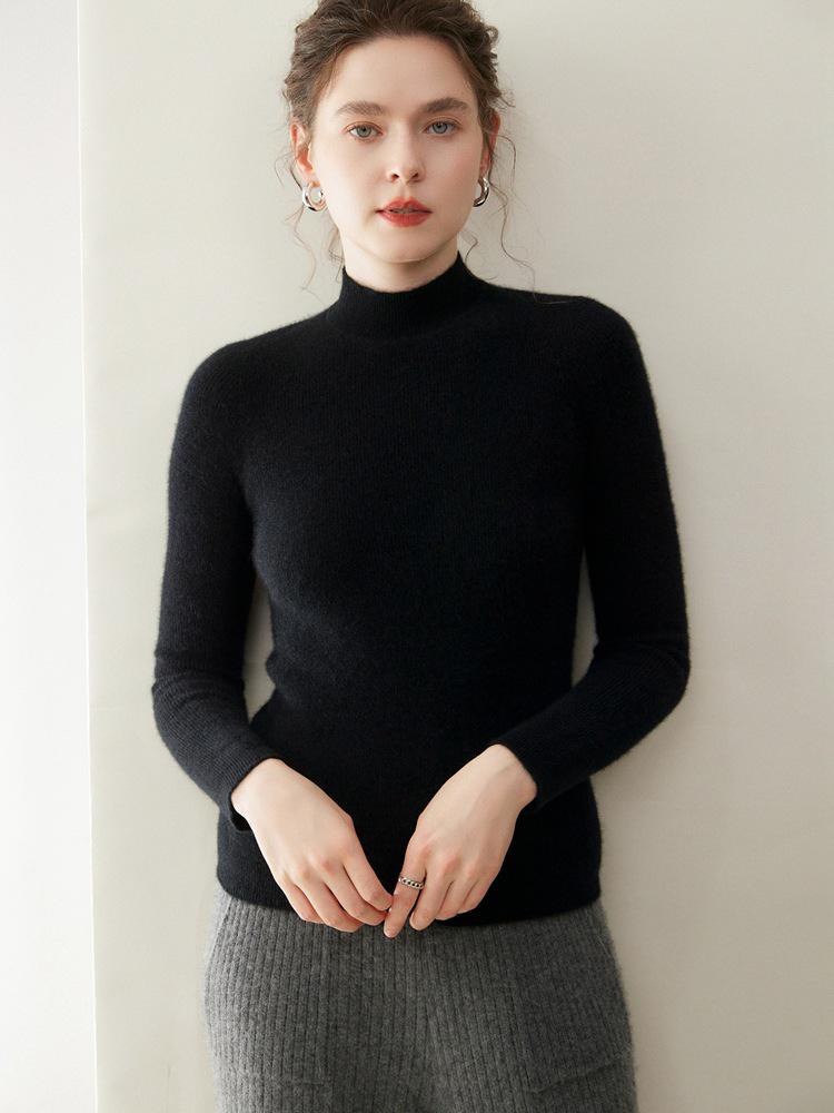Classic Women's Cashmere Knit Pullover: Striped Half-High Collar, Solid Color, Autumn/Winter Commute Sweater