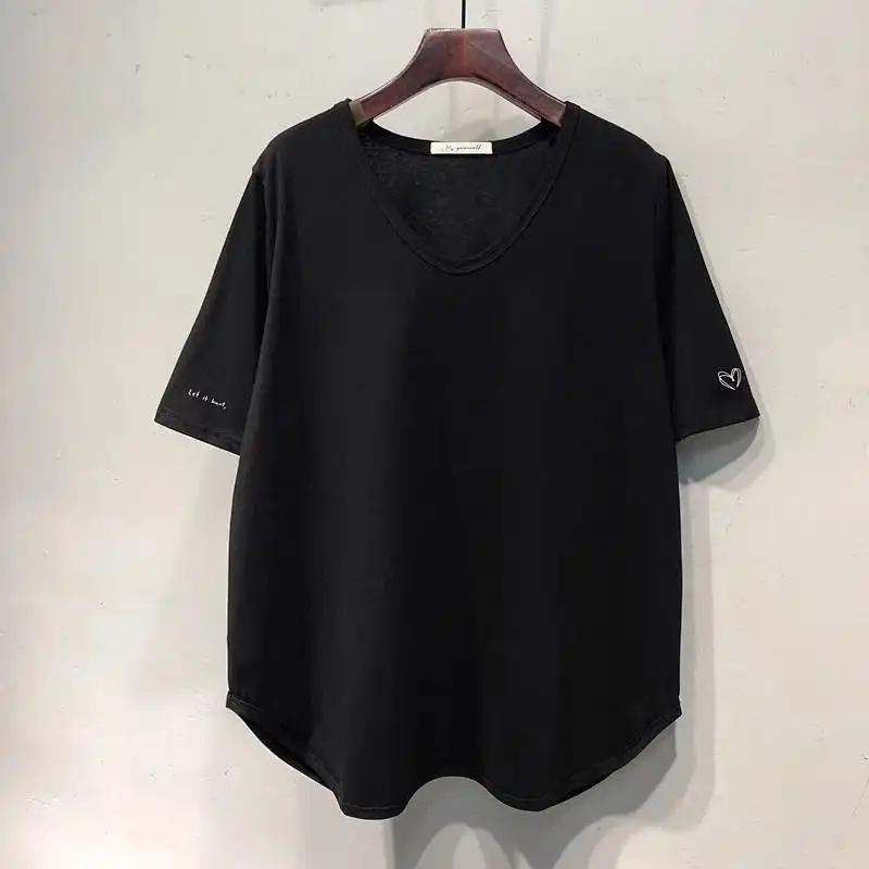 T-shirt Women Cotton Summer Casual Large Size Loose Solid Color V-Neck Pullover Short-sleeved Tops