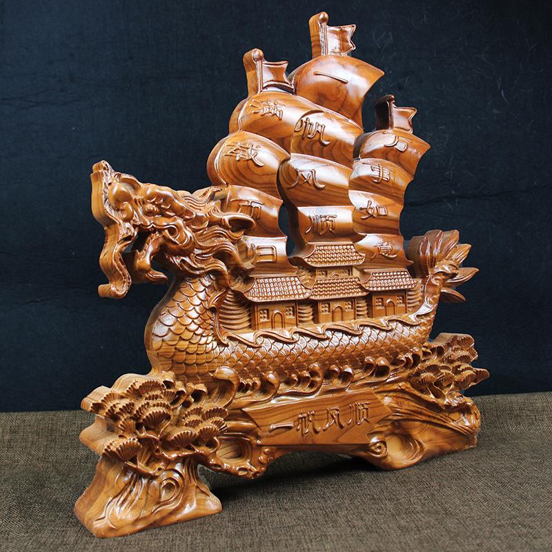 Peach Wood Carved Dragon Boat Ornament for Living Room Decoration