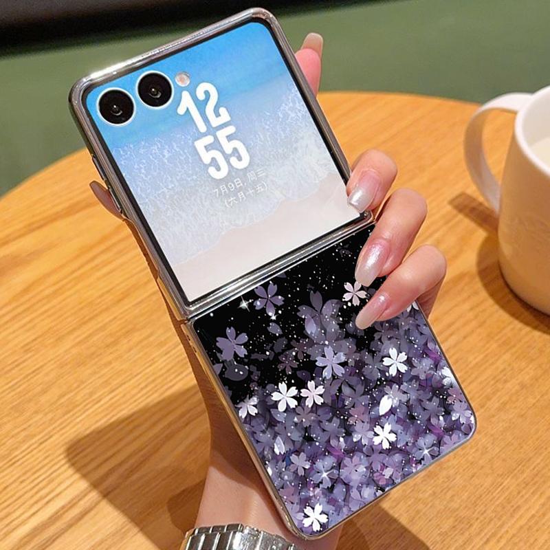 Чехол из ПУ-кожи с вишневым цветением для Samsung Galaxy Z Flip7 FE Flip6 Flip 7 6 5 5G Серебристая рамка Жесткая складная крышка Galaxy Z Flip5