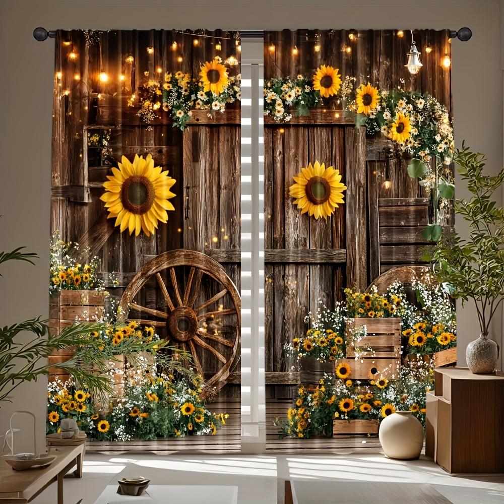 2Pcs Polyester Sunflower Barn Made Printing Window Curtains Birthday Party Decoration Backdrop Drapes for Living Room