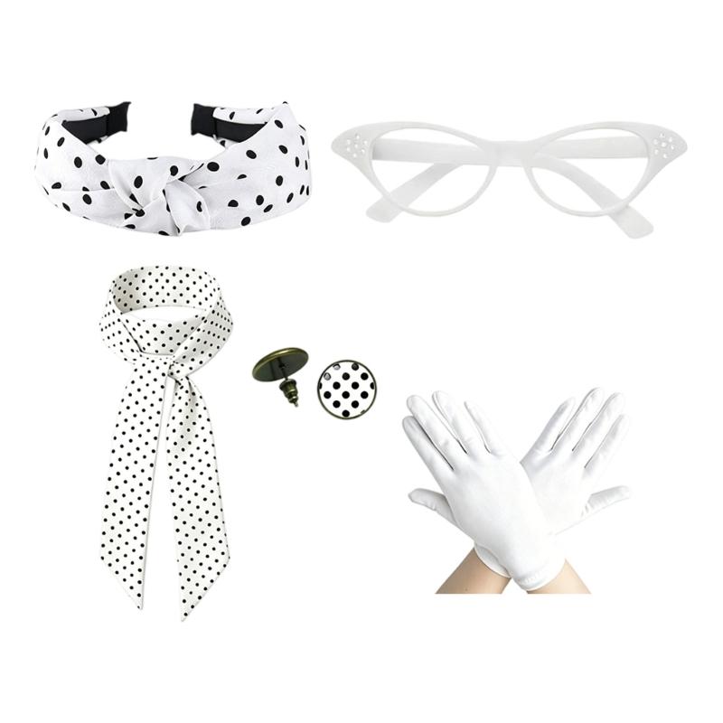 1950S Costume Accessories 50S Scarf,Cats Eye Glasses,Headband,Dot Earrings Halloween Cosplay Costumes