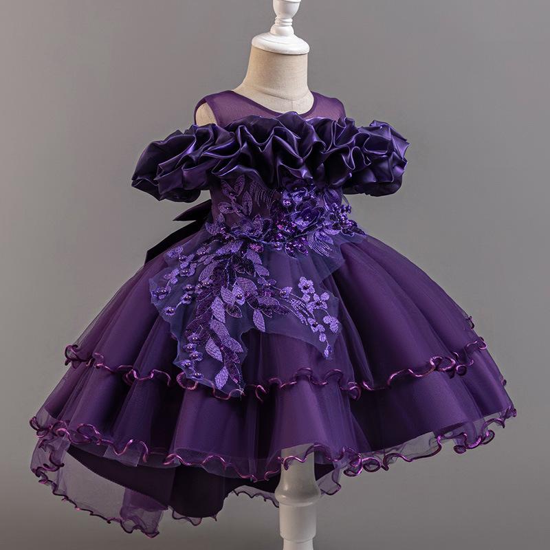 Girls' One-Shoulder Luxury Tulle Princess Formal Dress with Train