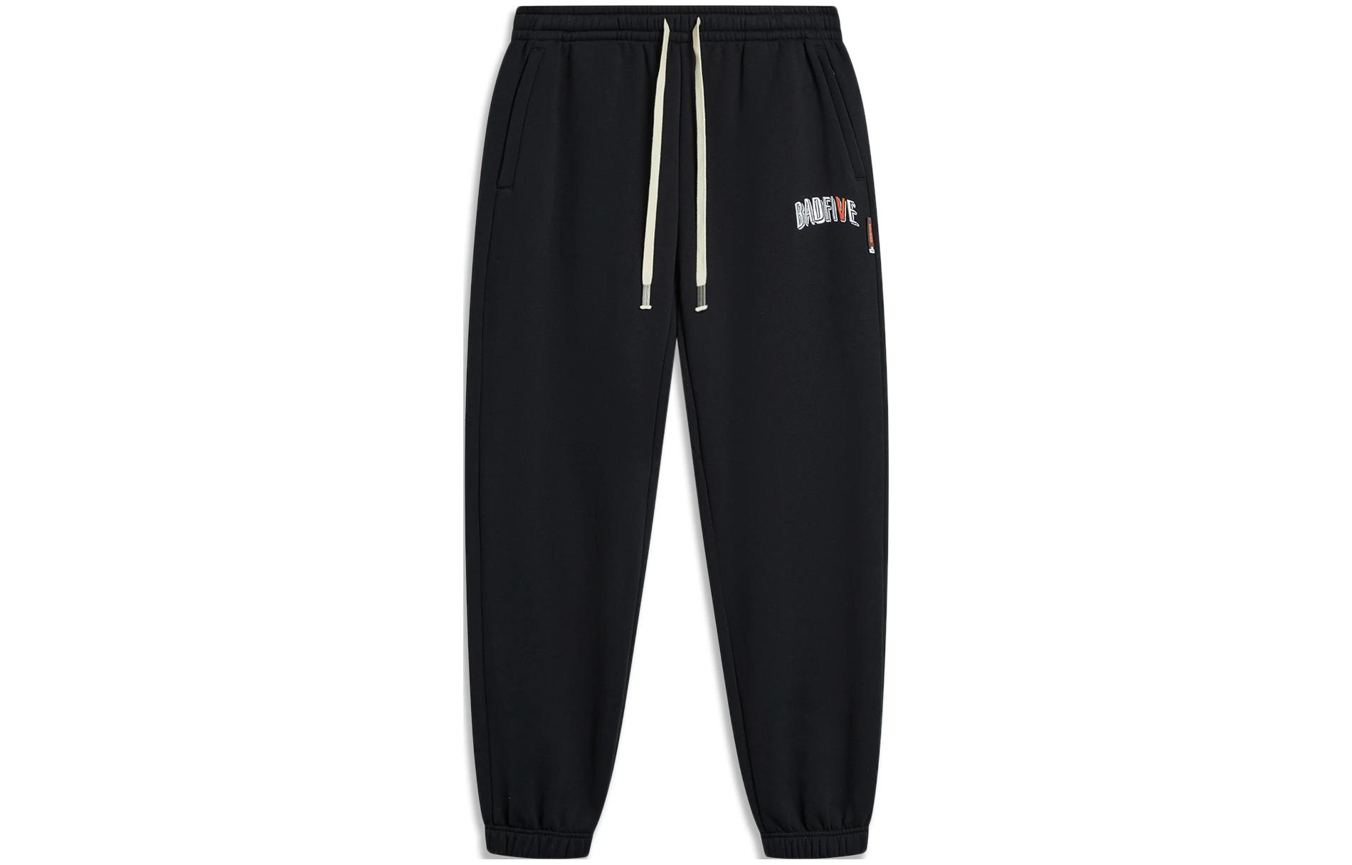 Li Ning BADFIVE Solid Color Mid Rise Elastic Cuff Casual Versatile Fleece Lined Knitted Sweatpants Men s Black AKLT879-6 L