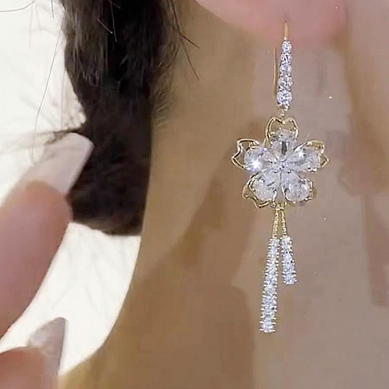 Ins Style Alloy Earrings With Chic Floral Crystal Tassels Grey Color