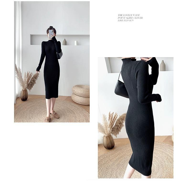 2024 Autumn/Winter Mid-Length Wool Coat with Semi-High Collar Knitted Dress - Women's Black Base Layer