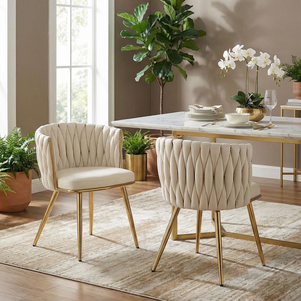 Dining Chairs, Set of 2, Velvet Upholstered, Braided Backrest, Armrests, Cream