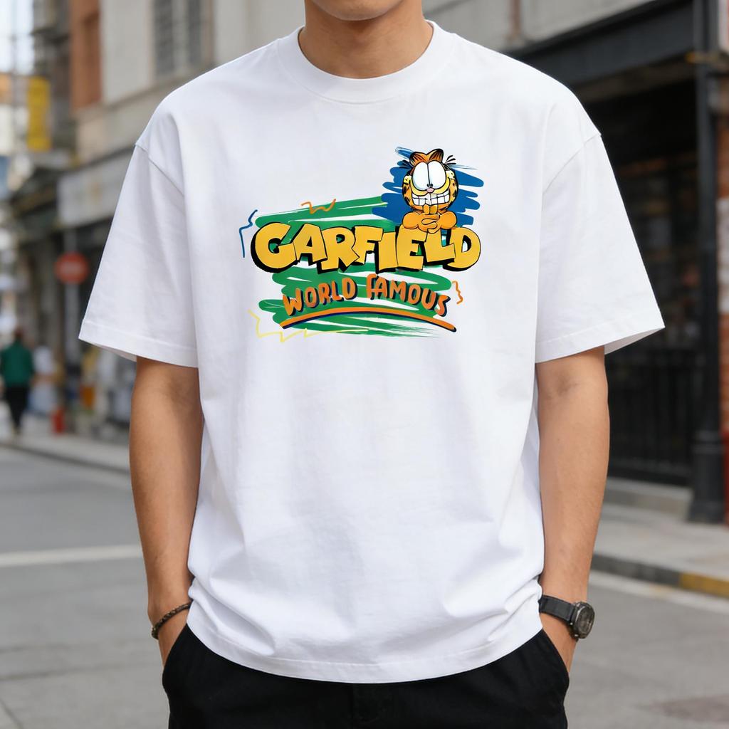 Garfield """FAMOSO IN TUTTO IL MONDO""" T-shirt a maniche corte con stampa di lettere "WORLD FAMOUS", Marchio Streetwear Americano Cotone Pesante Vestibilità Larga Oversize Top per Coppia