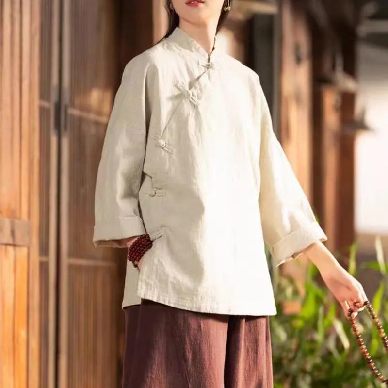 Cotton Linen Tops Chi-pao Collar Design Women Date Girls Elegant Retro Red White Shirt Blouse Vintage