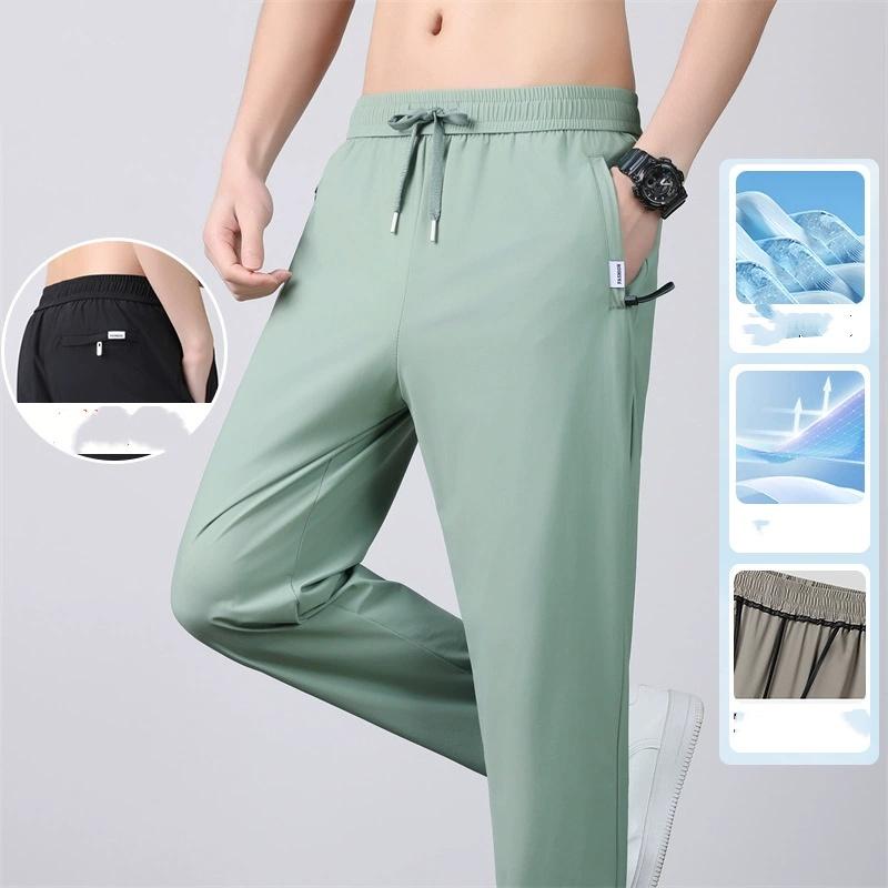 High Quality Mens Stretch Casual Pants Elastic Waist Sweatpants Ice Silky Comfortable Pants Wrinkle Resistant Running Slacks