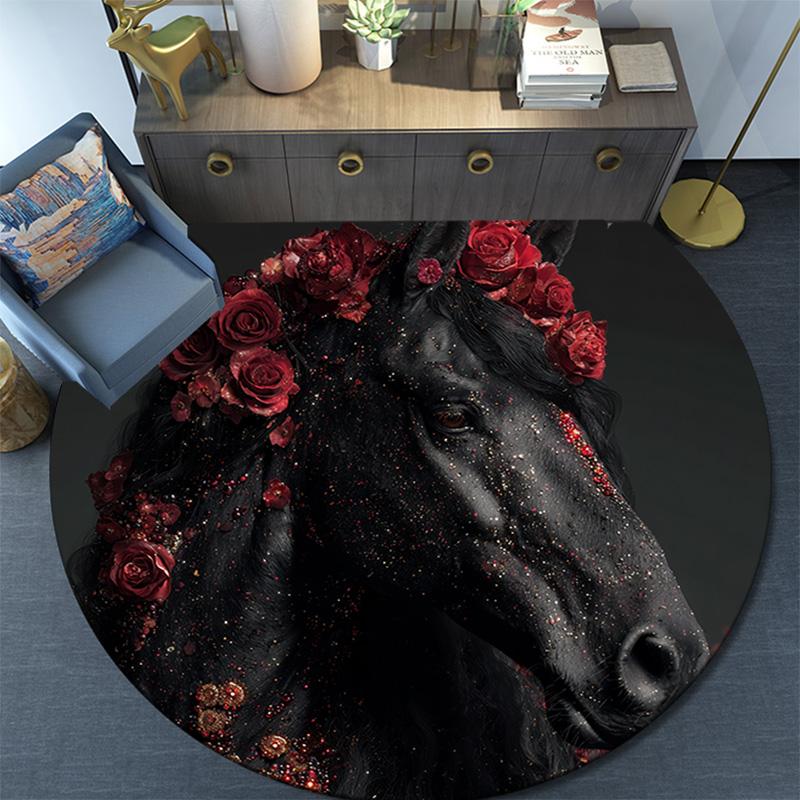 Schwarzes Pferd Runder Teppich, Teppich für Wohnzimmer Schlafzimmer Sofa Spielzimmer Dekor, Rutschfeste Fußmatte