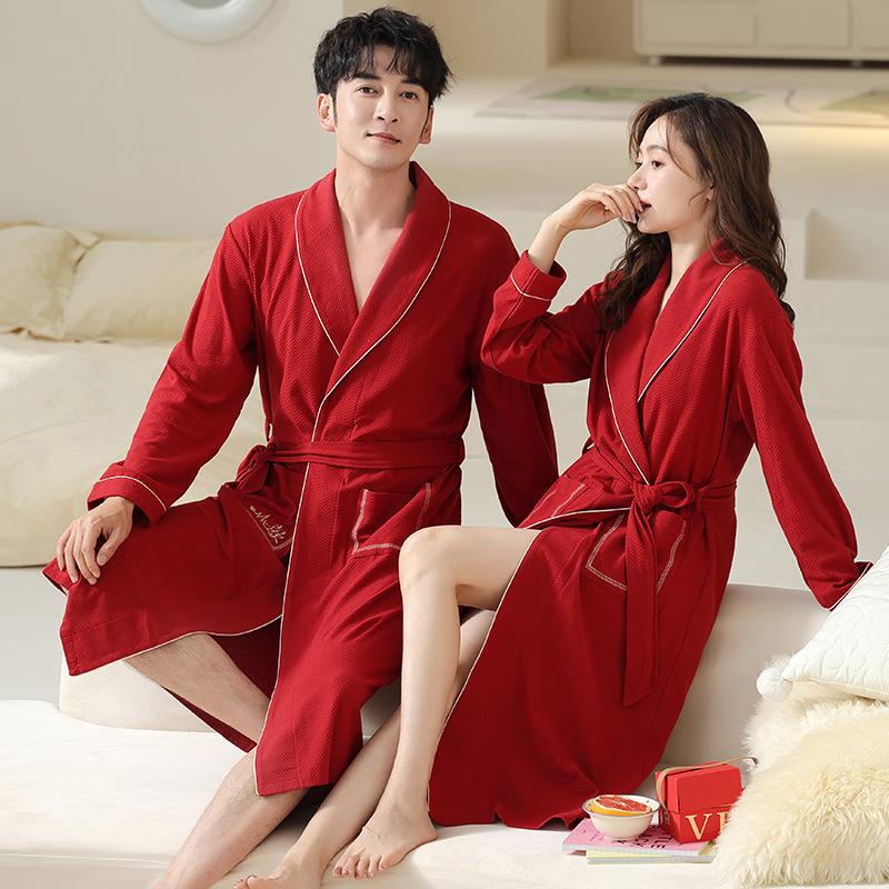 Couple Pajamas Women'S Spring And Autumn Cotton Long-Sleeved Nightgown Bridal Dressing Gown Bathrobe Men'S Big Red Wedding Suit