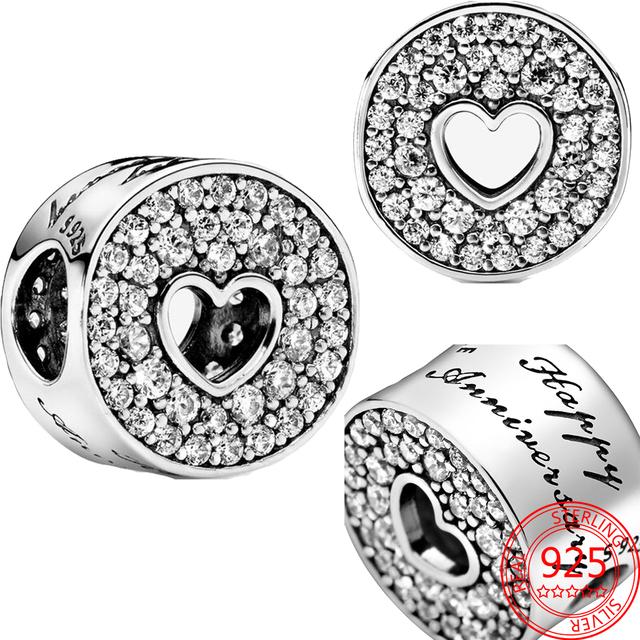 Authentic 925 Sterling Silver Rose Gold Round Cutout Pavé & Heart Anniversary Charm Fit Fashion Bracelet Jewelry Graduation Gift