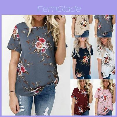 Elegante Sommer Damen Bluse Blumendruck Kurzarm Locker Lässige T-Shirt Tops