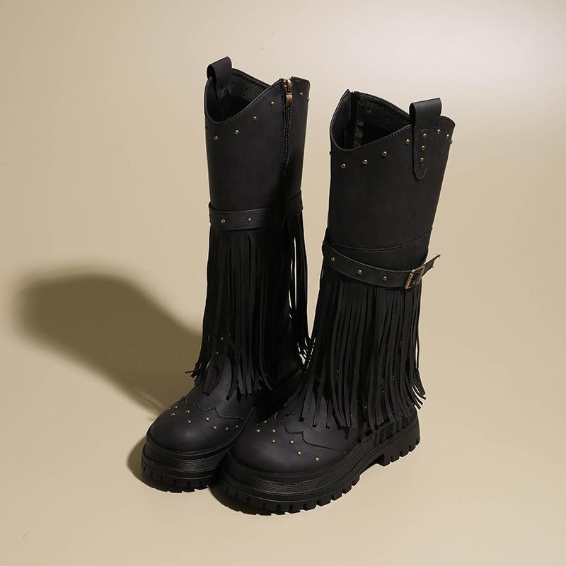 Europäischer und amerikanischer Retro-Stil Fransenstiefel Herbst und Winter neue Nieten Gürtelschnalle hohe Stiefel modische vielseitige Ritterstiefel