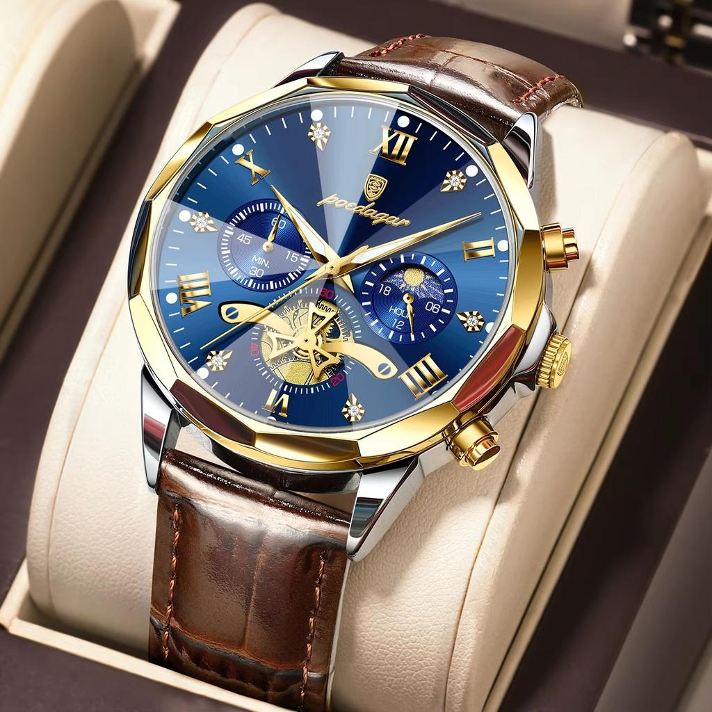 Luxury Men Wristwatch Quartz Waterproof Luminous Moon Phase Chronograph Leather Man Watch Male Reloj