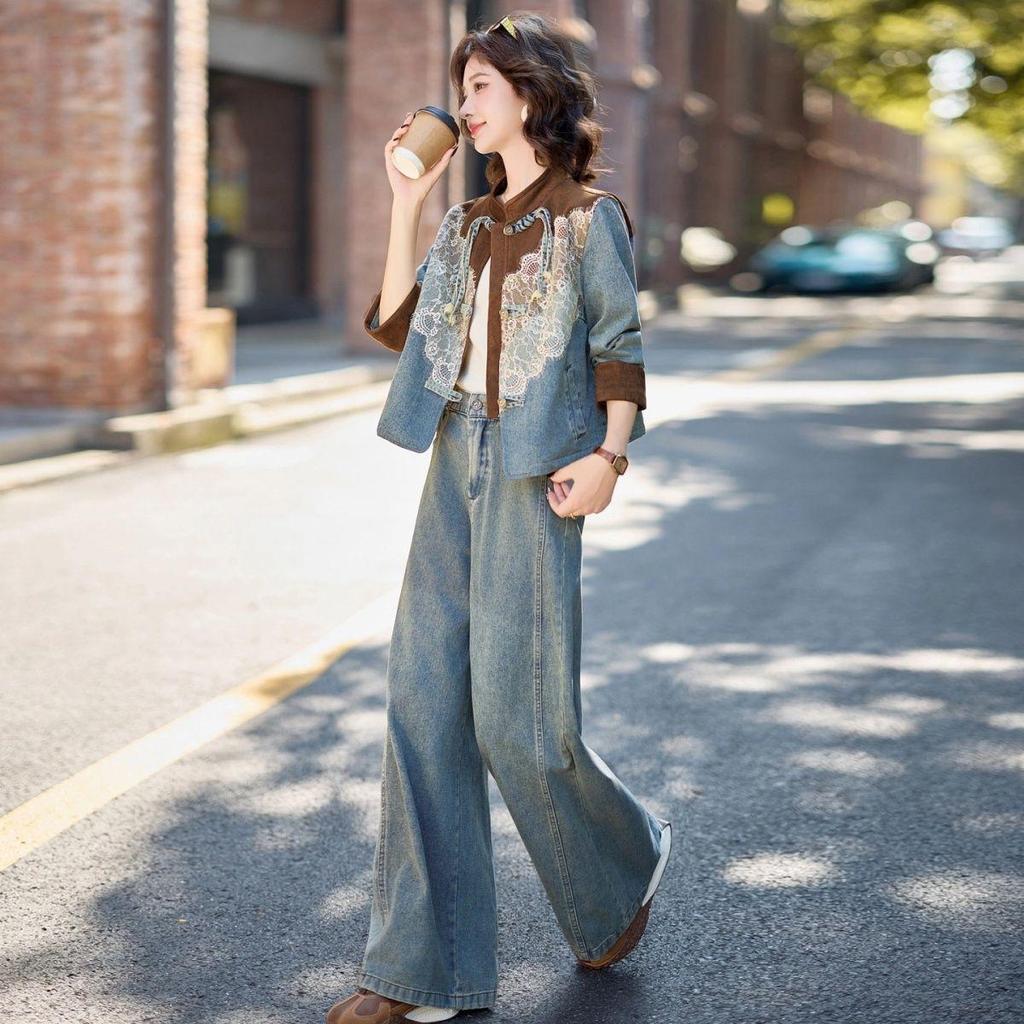 2026 Spring/Autumn Women's Lace Patchwork Denim Suit with Frog Buttons - Stylish Two-Piece Set