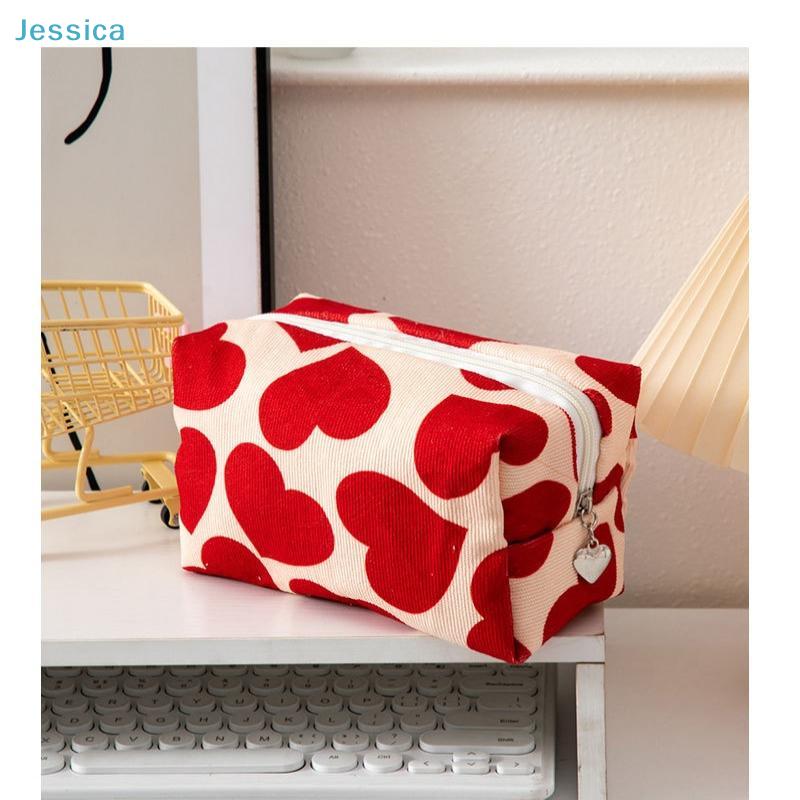 Red Heart Pattern Corduroy Makeup Bag - Cute Cosmetic Organizer Pouch, Portable Travel Toiletry Bag for Women