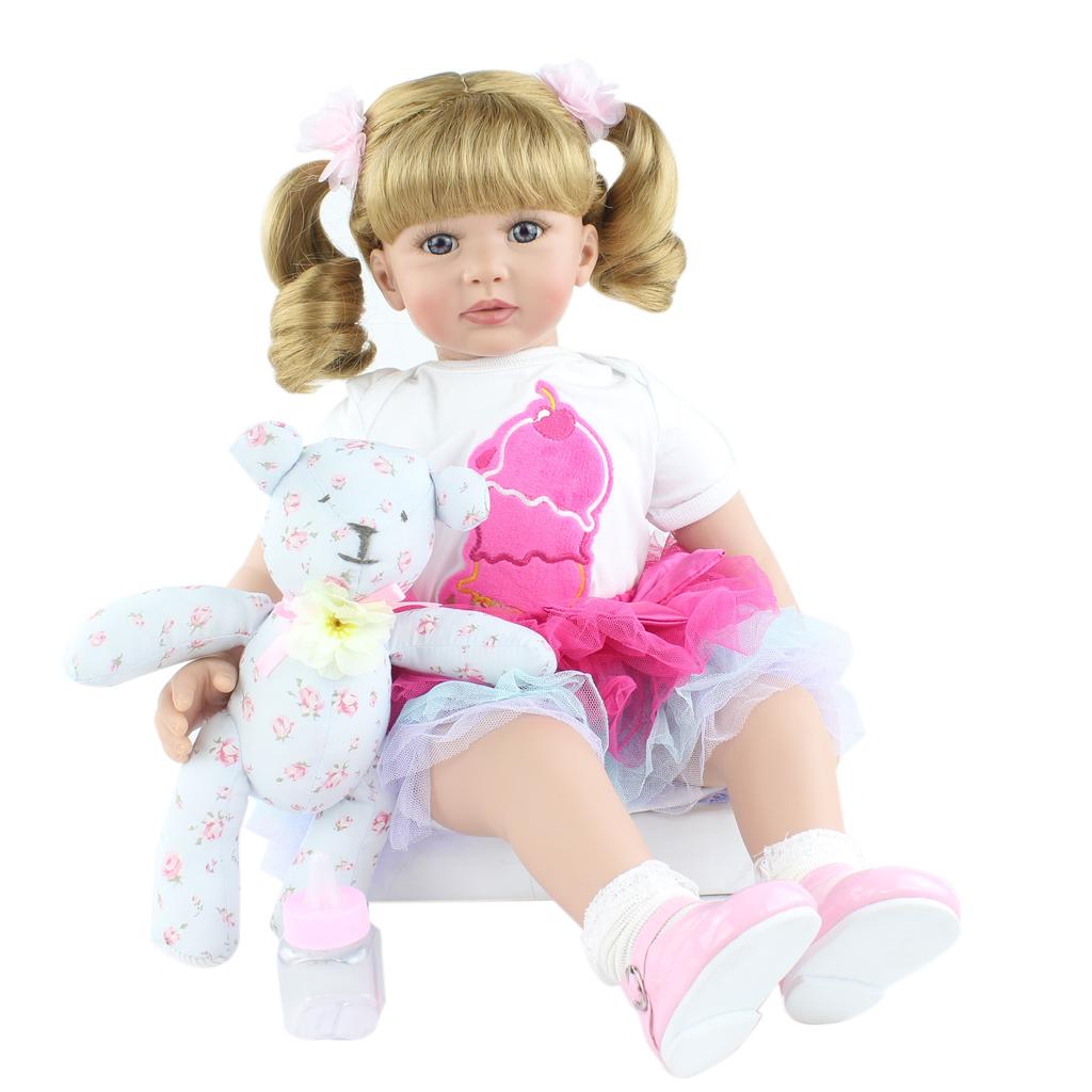 BZDOLL 60cm Silicone Reborn Baby Doll Toy For Girl 24 Inch Long Hair Princess Toddler With Bear Dress Up Play House Bebe Birthday Gift