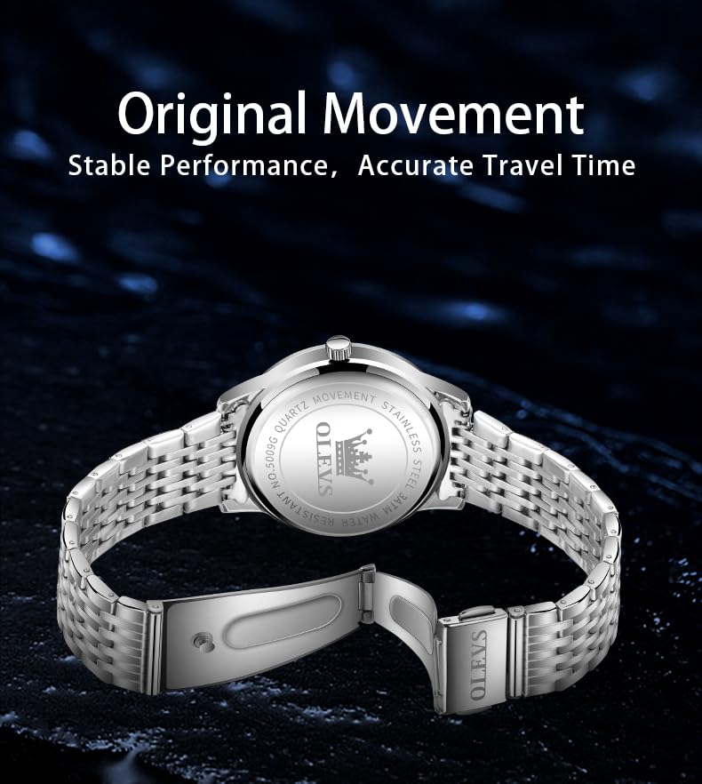 OLEVS Waterproof Analog Quartz Watch with Silver Stainless Steel Pressure Easy To Casual Men's Band, Resistant, Read,