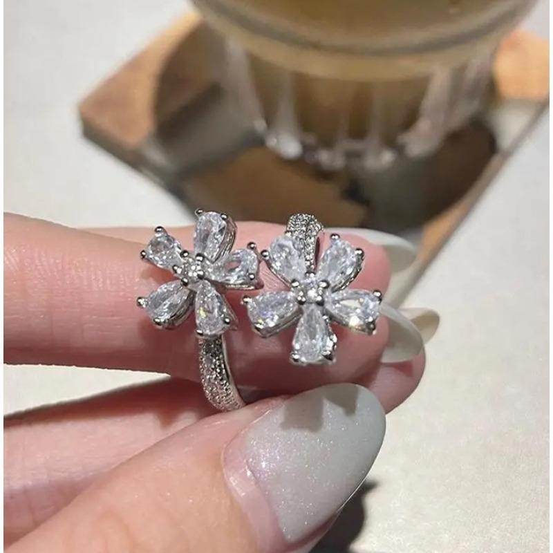 European and American fashion fairy style flower adjustable ring, ladies' fashion elegant water droplet pear shaped zircon open ring