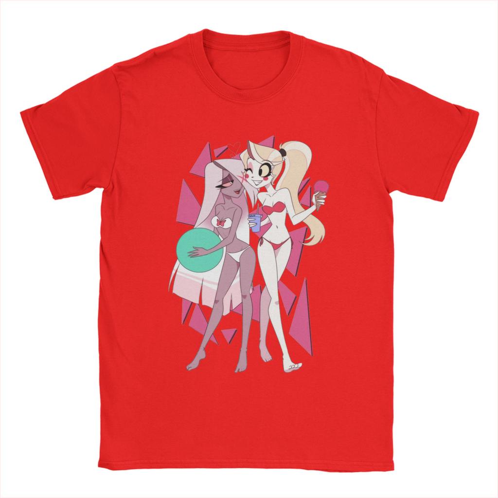 Charlie and Vaggie Bikini Hazbins Hotels T-Shirts for Men Vintage Pure Cotton Tees Round Collar Short Sleeve T Shirts Clothing