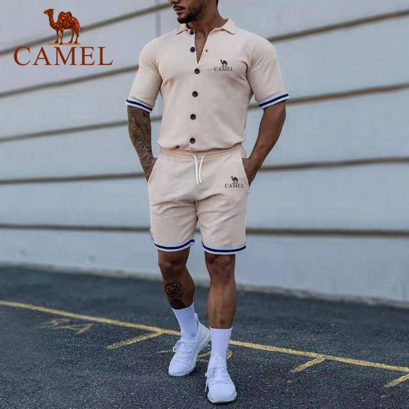 Camel Summer Embroidered Men's Trendy Solid Color Polo Cardigan Casual Short Sleeve Shorts Set Plus Size Set