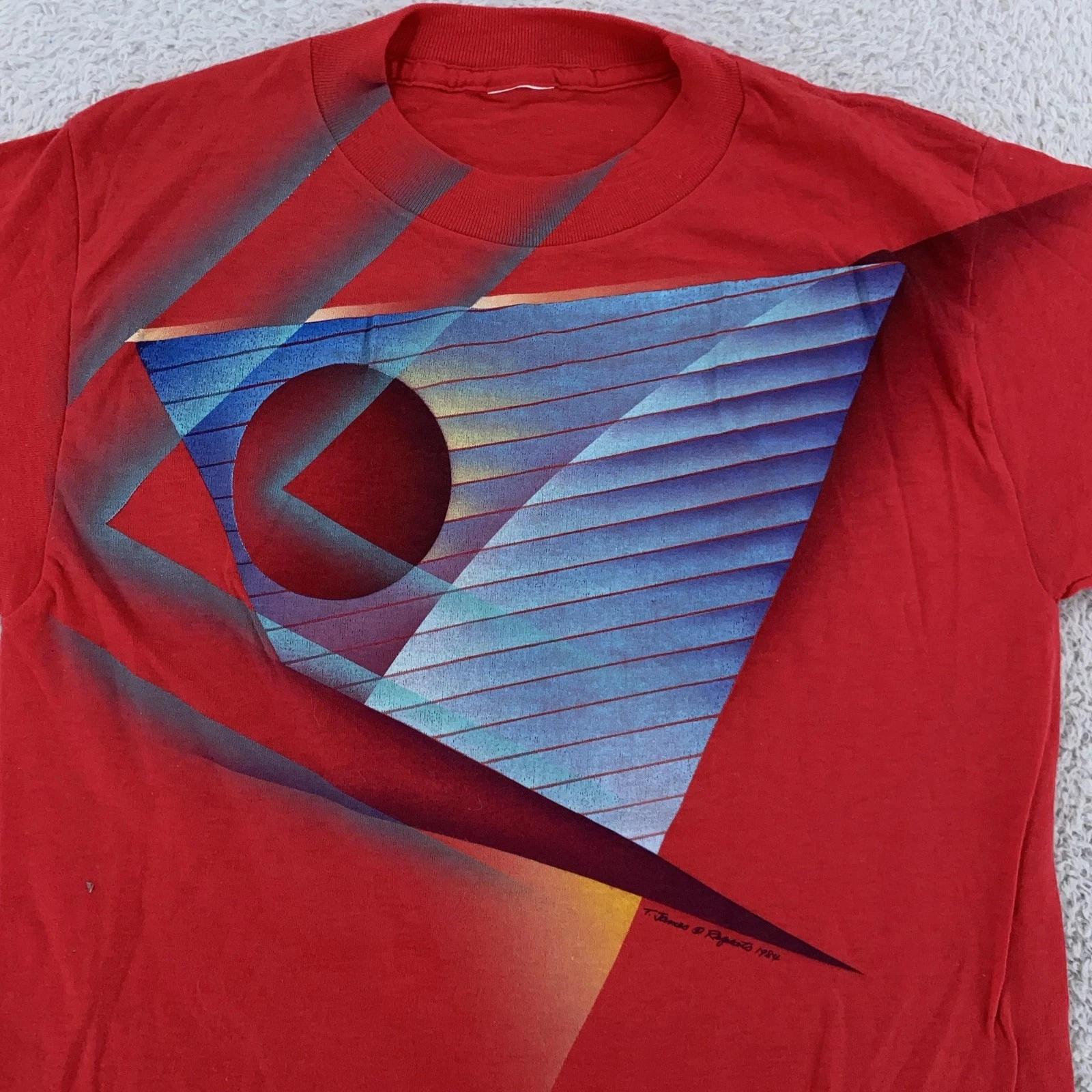 

Vintage 80s Geometric Art Shirt Mens XXS Red T James Abstract 1984 Tee 3XL