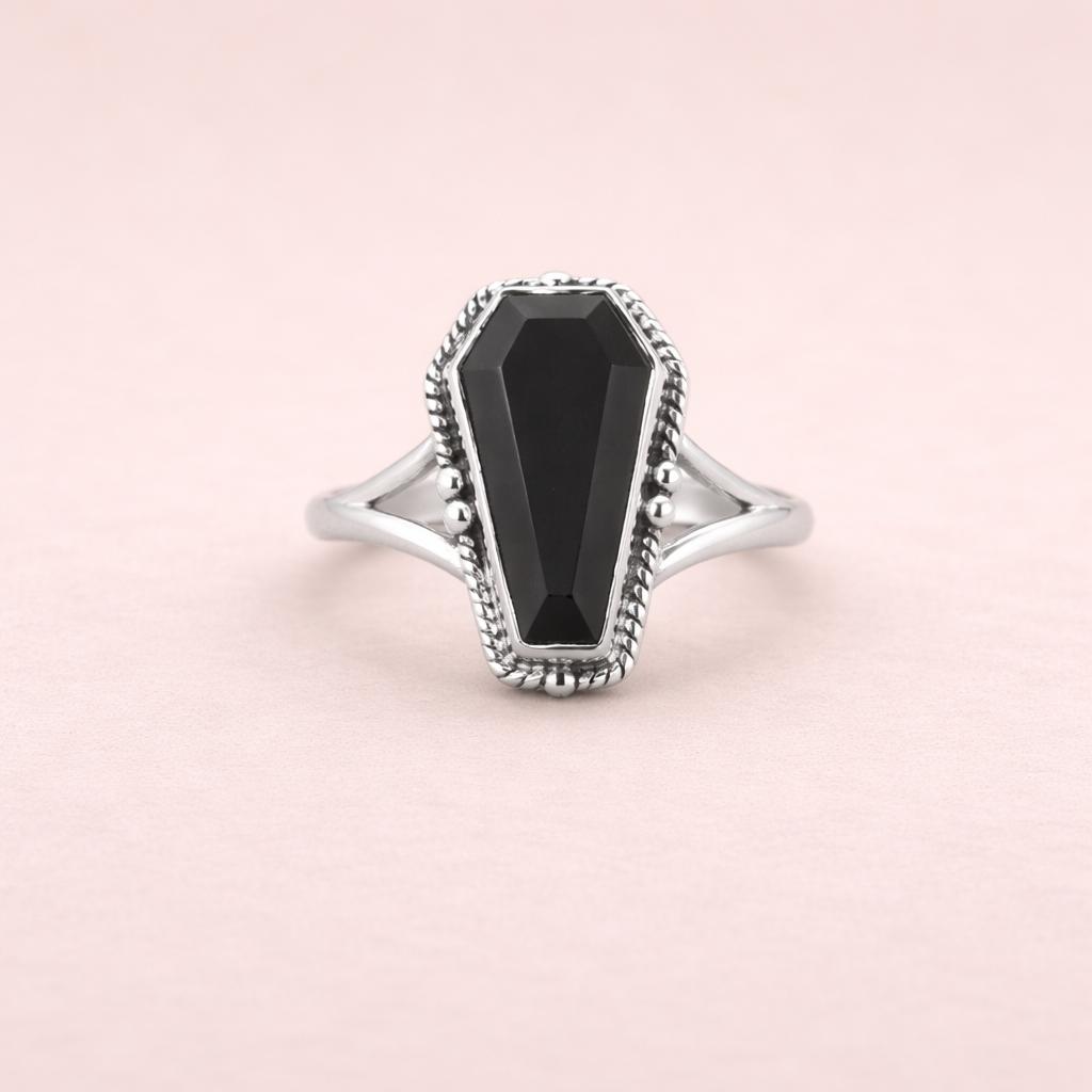 

Black Onyx Coffin Ring 925 Sterling Silver, Boho Gothic Statement Ring, Handmade Onyx Gemstone Ring, Minimalist Jewelry 4 серебряный