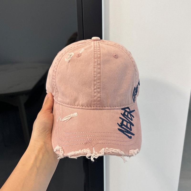 Letter embroidery washed denim baseball cap women's American retro ripped old cap soft top big head circumference hat