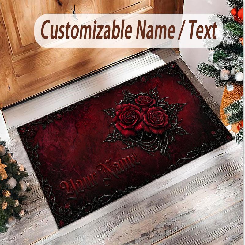 Skull Gothic Theme Soft Crystal Velvet Rug Custom Name & Text Print Non Slip Floor Rug for Bedroom Living Room