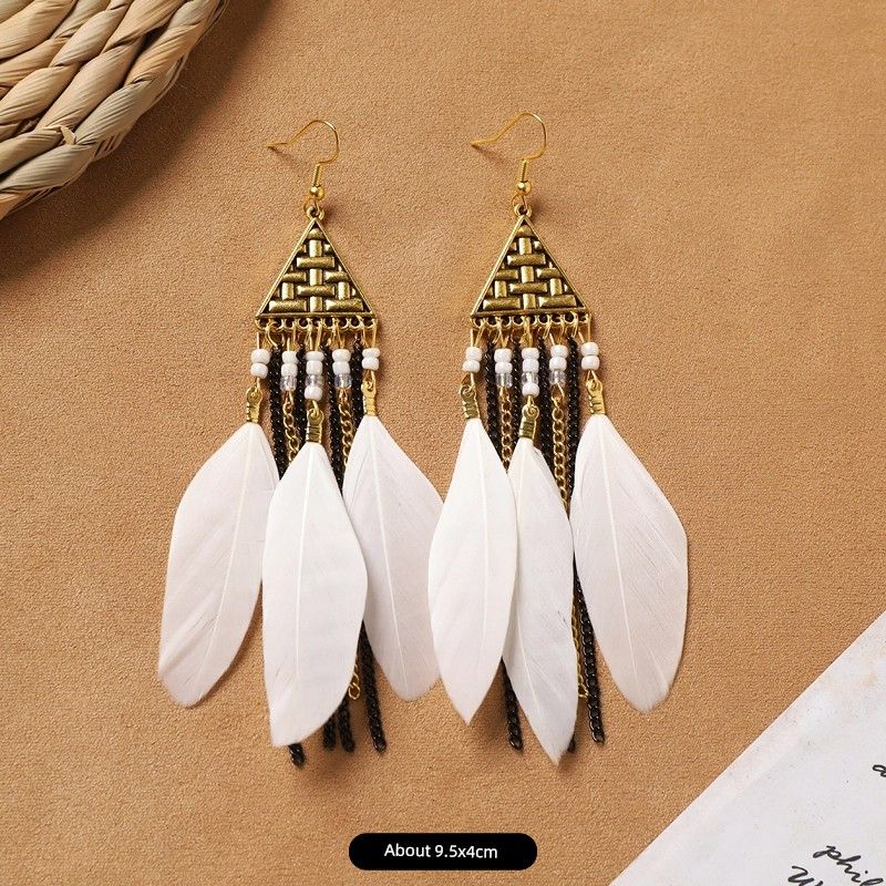Ethnic Style Bohemia Feather Earrings White Long Style Fashion Retro Stylish Tassel Female Holiday Trip Shoot Earrings