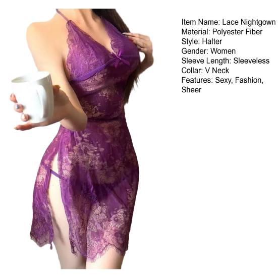 Rochie Mini Babydoll Sexy din Dantelă pentru Femei, Dantelă Florală, Despicătură Laterală, Cămașă de Noapte Tip Slip Complet, Plasă Transparentă, Halter, Cămașă de Noapte, Lenjerie de Noapte