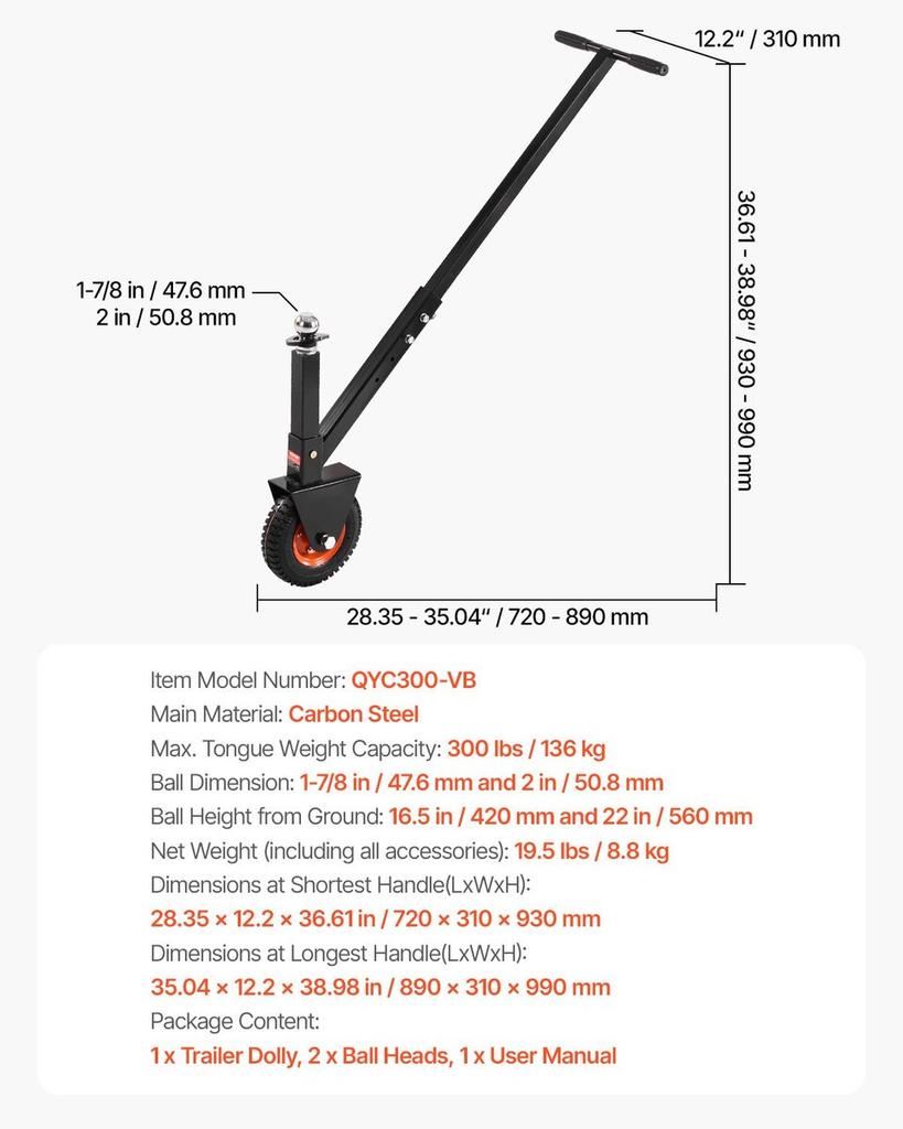 300lbs Adjustable Trailer Dolly 16.5 and 22 in Height 1-7/8 and 2 in Balls