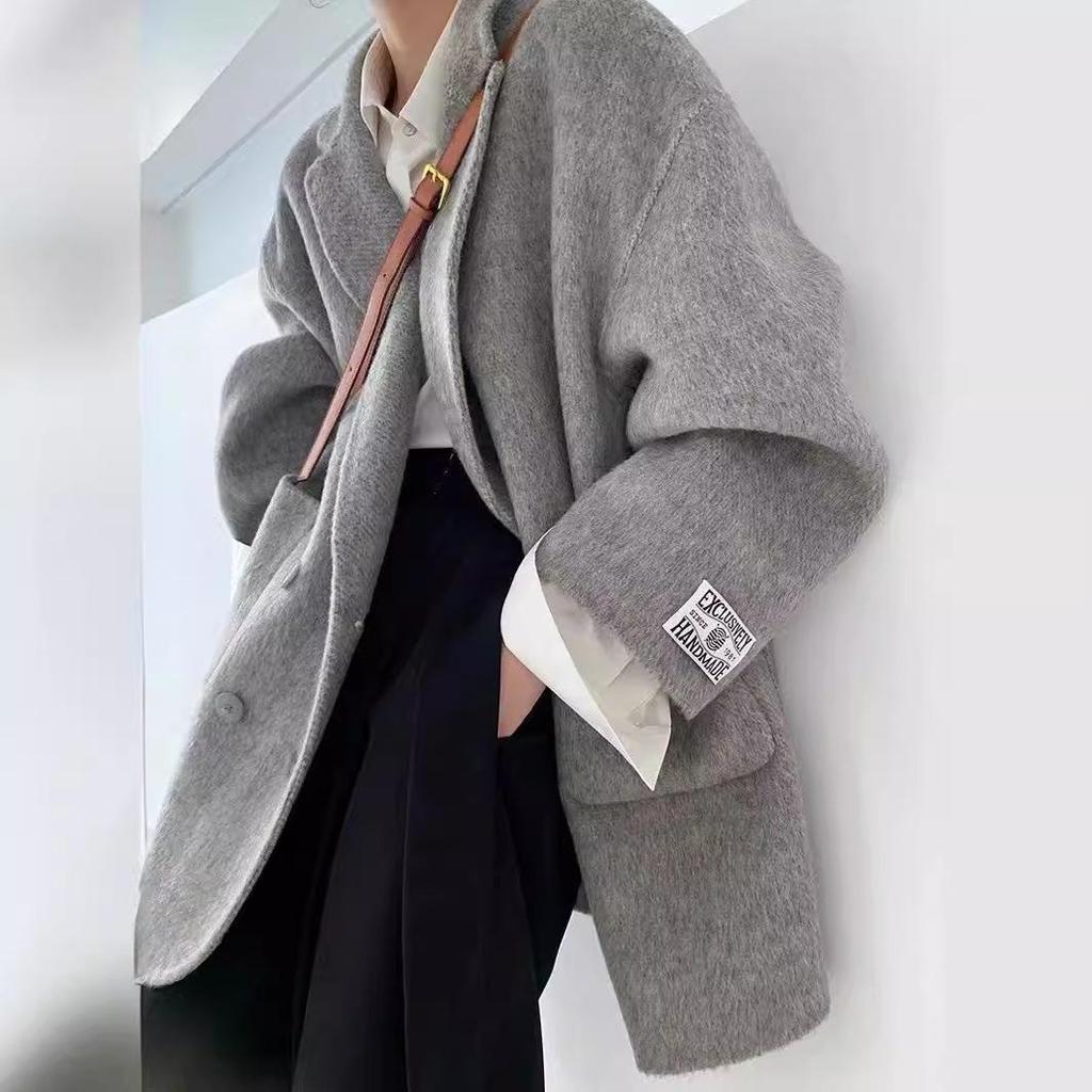 2025 Women's Grey Double-Faced Cashmere Blazer Coat - Trendy Loose Fit for Autumn and Winter