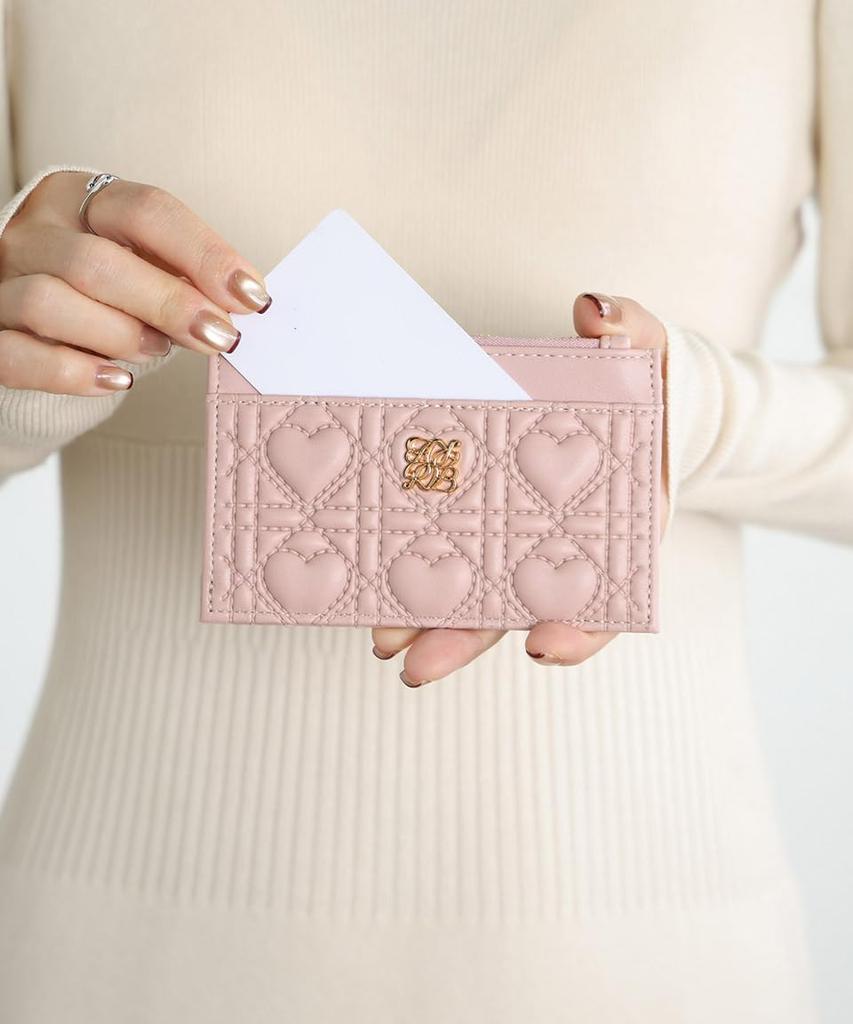 Alto Rose Pink Fragment Case for Women, Slim, Small, Quilted Wallet with Card Case, Coin Purse, Commuter Pass Holder, IC Card Storage, Gold Zipper,