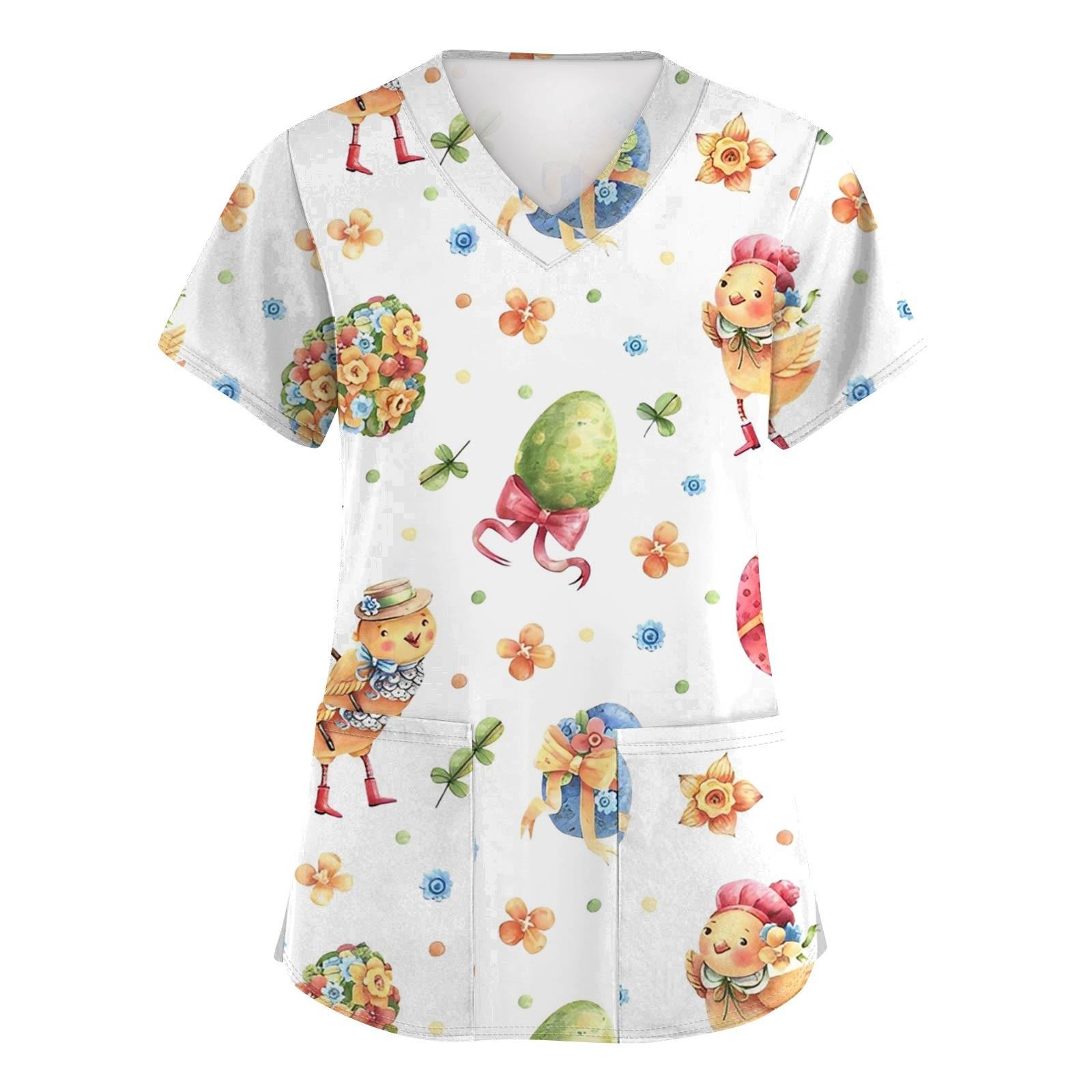 

Женская модная рабочая куртка с короткими рукавами и пасхальным принтом, V-образным вырезом и карманом M белый