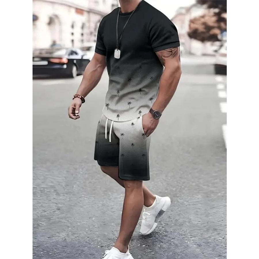 Summer Men's Sailor Short Sleeve Set Anchor Print Pattern Short Sleeve Shorts Set Men's Crew Neck T-Shirt and Drawstring Shorts