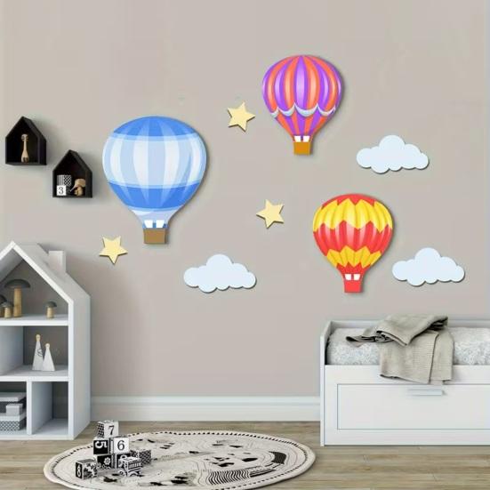9 stk. Varmluftsballon Dekoration Boho Børneværelse Vægkunst Træ Varmluftsballon Stjerner Skyer Baby Shower Væghængende Skilt til Soveværelse Klasseværelse