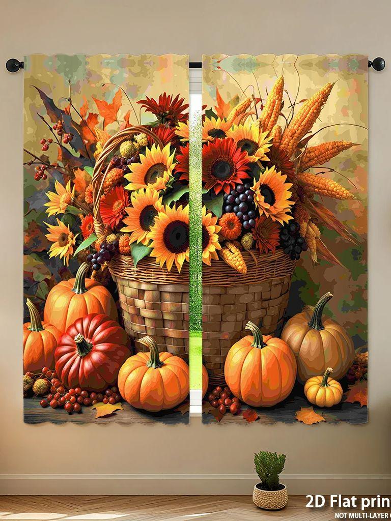 Stück Set Hochauflösende Digital Gedruckte VorhängeHerbstbuntÖlgemäldeStilKürbisBlumeKorbHeimDekorationsstilVorhang Hergestellt Aus Polyester