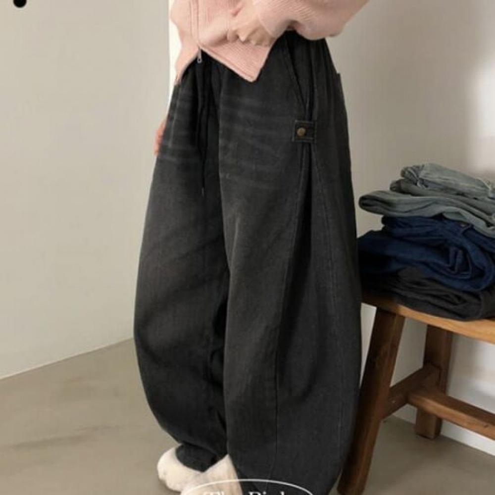 The Pink Women S Rugged Banding Vintage waSh Side Tuck Wide Denim pantS