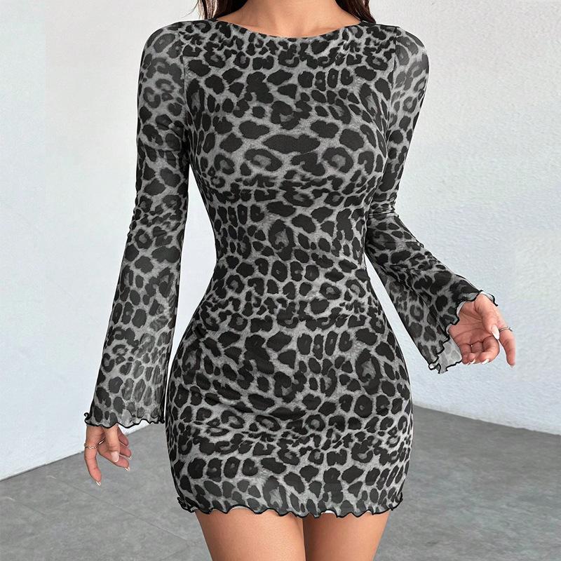 Damen Europäischer Sexy Stil Leopardenmuster Rüschen Langarm Rundhals Bodycon Minikleid