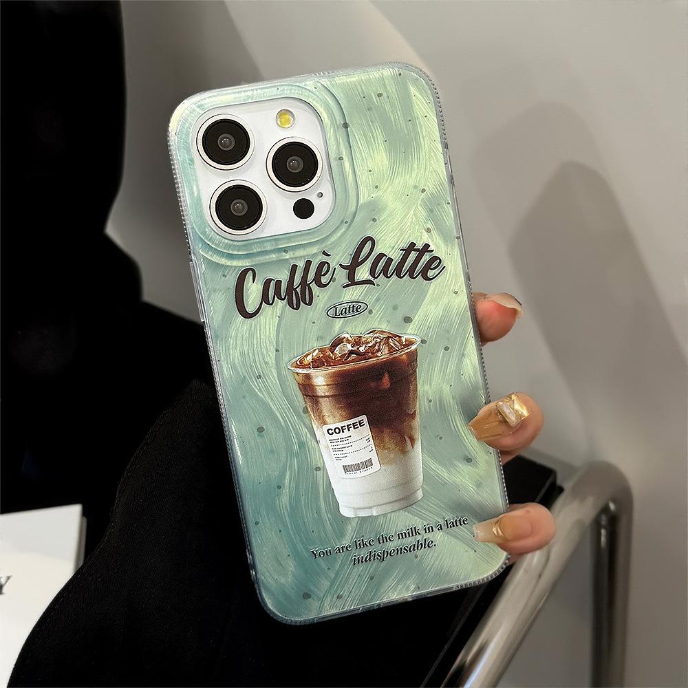 Mint Green Ink Coffee Stand Mobile Phone Case Apple 15promax Suitable for Iphone16 American 12 Feather Yarn 14
