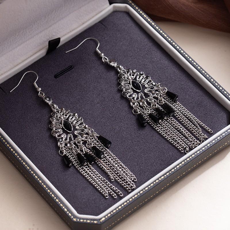 Bohemian Diamond Fringed Earrings Fashion Ethnic Style Temperament Ear Hook Hollow Water Drop Shaped Versatile Earrings