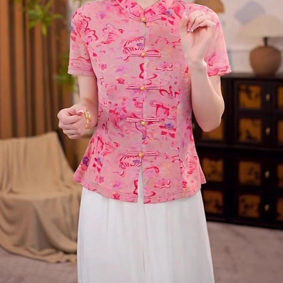 

Женская рубашка с коротким рукавом 2025 лето воротник-стойка с принтом рубашка, розовая майка с открытыми плечами M (under 50kg recommended)