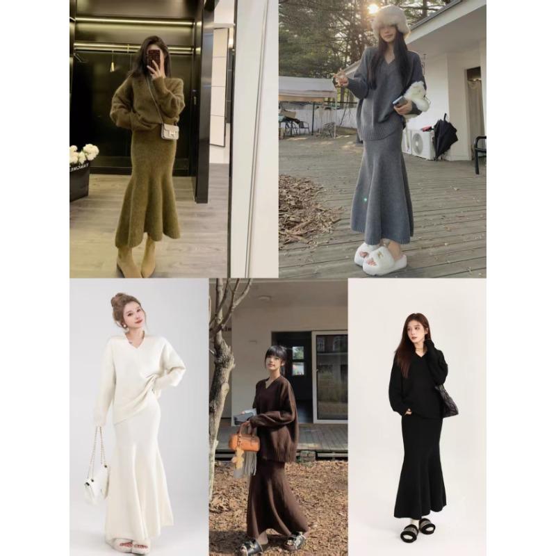 Retro Soft Waxy V-neck Sweater Set for Women's Autumn and Winter New Fishtail Hip Skirt Knitted Two-piece Set for Women