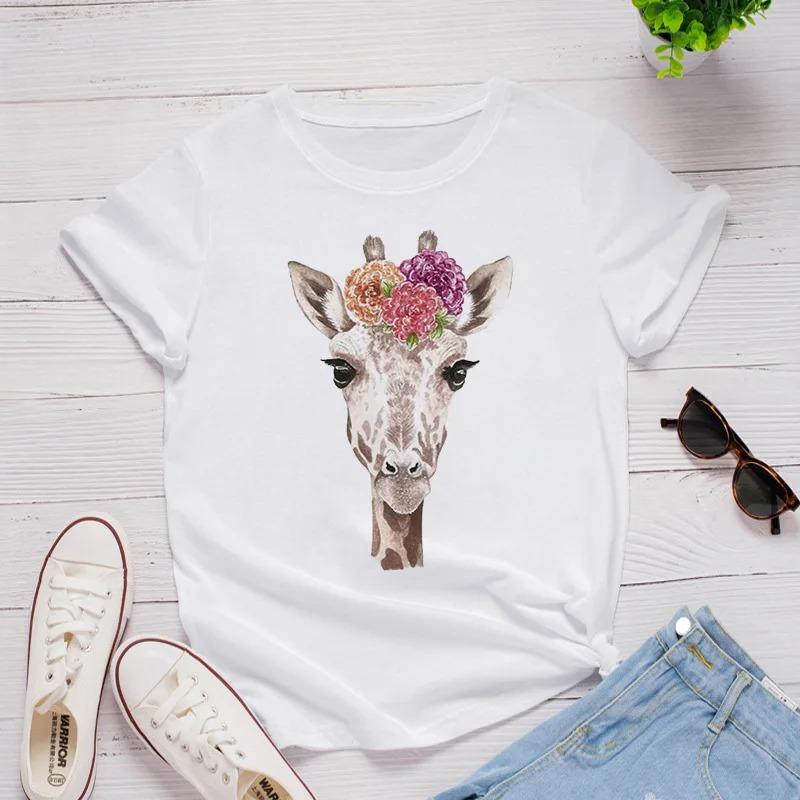 Graphic Cartoon Giraffe Streetwear Fashion Girls T-Shirts Harajuku Clothes Short Sleeve Summer Tees Casual Female O-Neck Tops