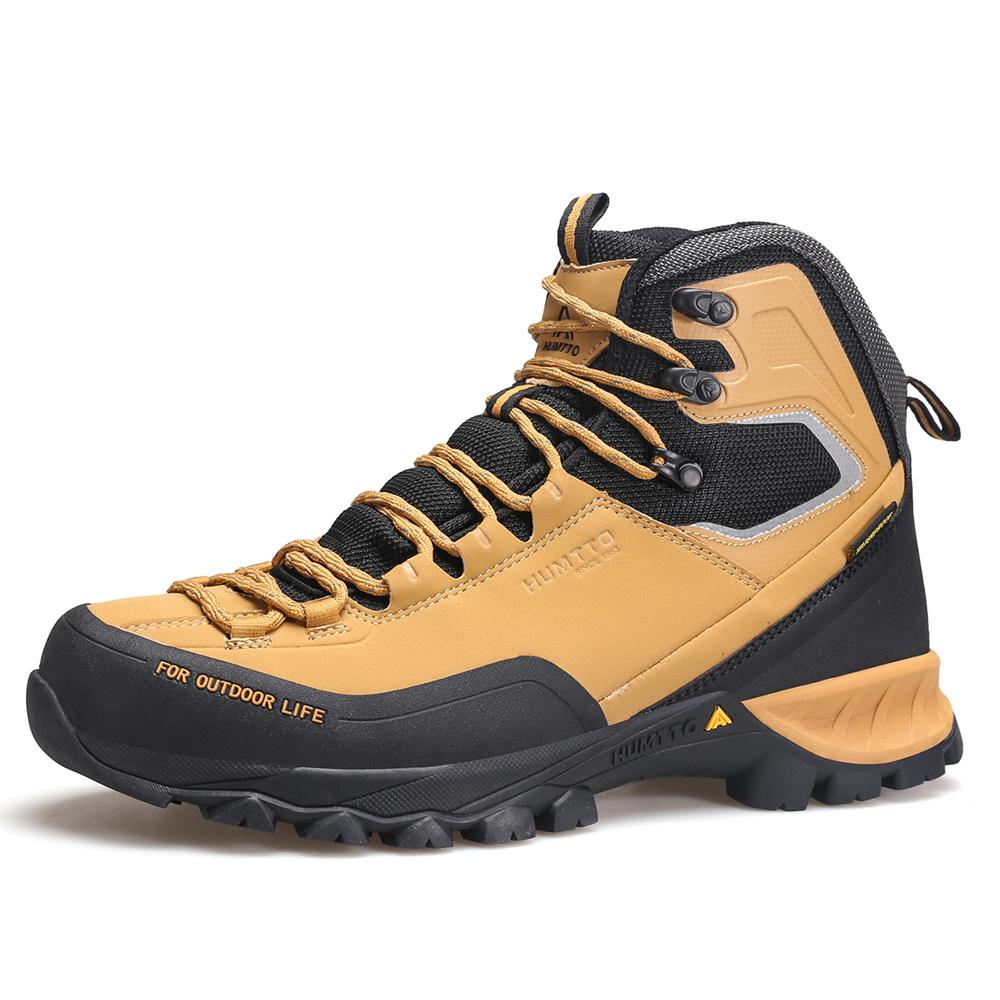 

HUMTTO Водонепроницаемая треккинговая обувь Роскошные дизайнерские уличные походные ботинки для мужчин Горные кроссовки Дышащие кожаные защитные мужские ботильоны 45 чёрный/жёлтый
