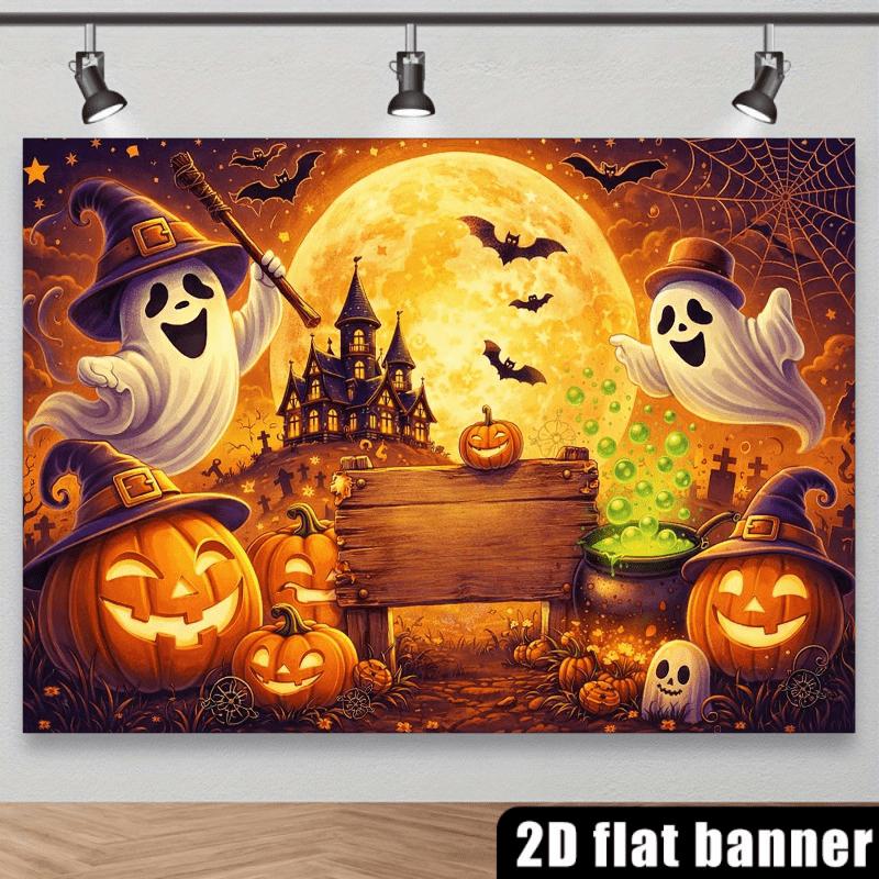 Flat Halloween party backdrop with a haunted house and pumpkin theme featuring the slogan "Happy Halloween".PMJ